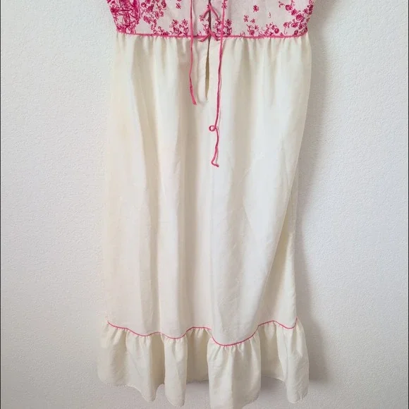 VTG 70s Saks Fifth Ave Cream‎ Pink Floral Lace Up Maxi Dress 34 Large Coquette - Picture 7 of 8